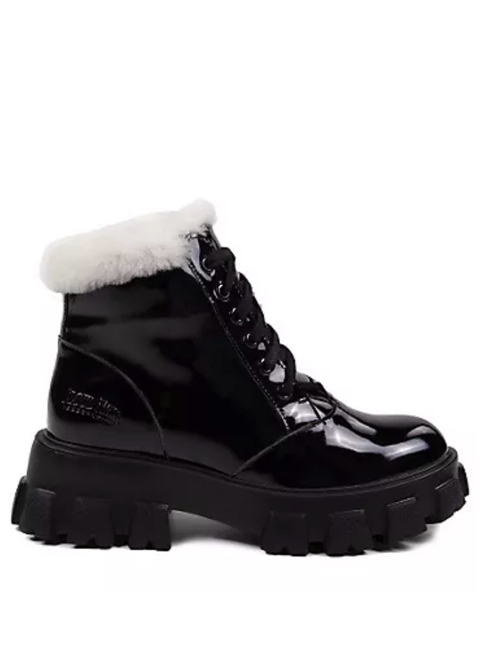 Patent Black Lace-Up Shearling-Trim Combat Boot - Women